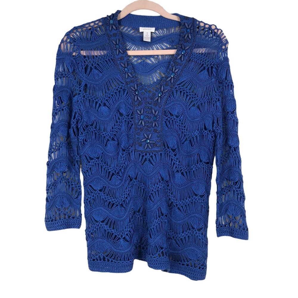 Chico’s Royal Blue Jodi Popover Crocheted Top w/Jewel V-Neck SZ 1